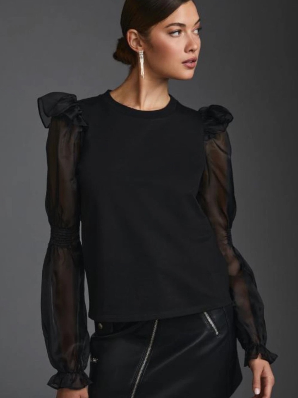 Anthropologie Black Sheer Puff Sleeve Pullover Knit Top
